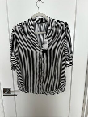 Tahari Satin-Like Black and White Striped Button-Down Shirt
